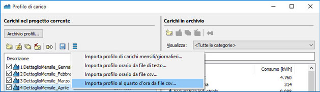 Importa profilo di consumi