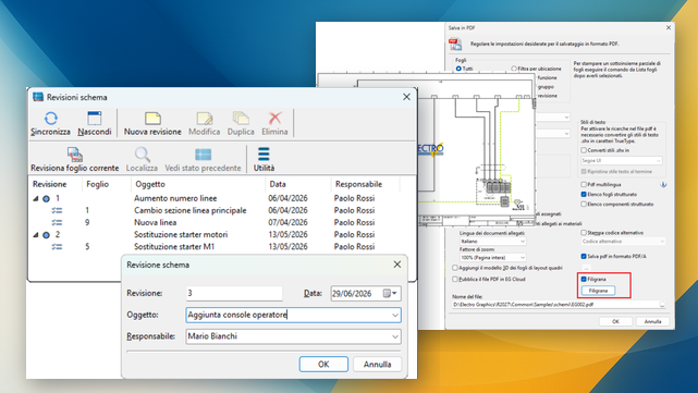 CAD elettrici: revisioni dello schema, PDF con filigrana e automazioni sui fogli